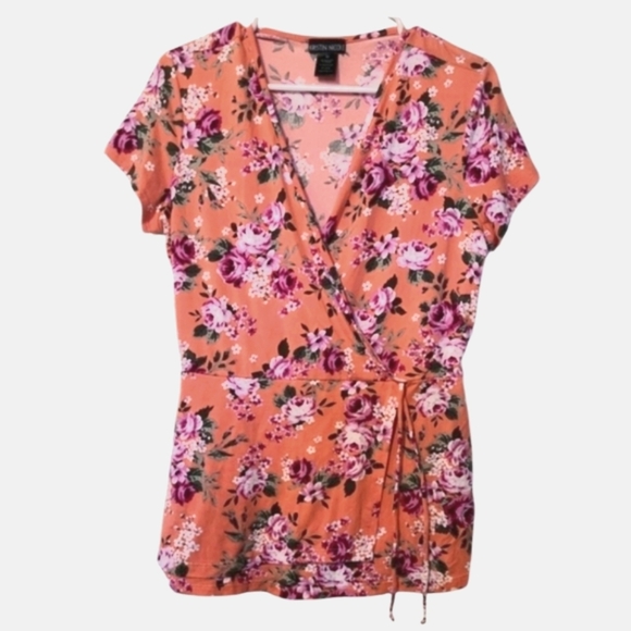 Kristin Nicole Orange Red Floral Wrap Blouse Tie Front Size Medium - Picture 1 of 7